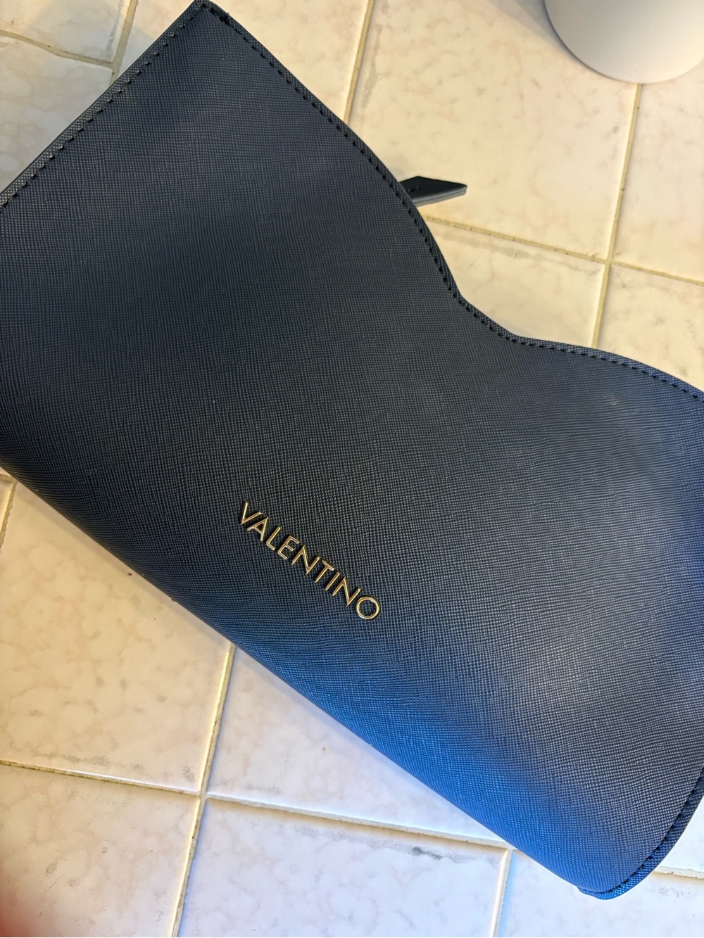 Valentino Navy Saffiano Clutch with Gold Logo